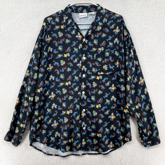 Chicos Top Size 2 Womens Black Mermaid Ocean Sea Shells Mother of Pearl Buttons - Picture 2 of 11